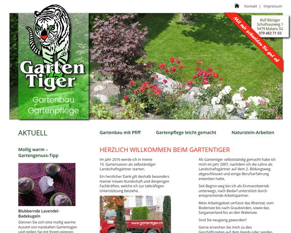 Website Gartentiger Malans mit TYPO3-CMS und Anpassung für mobile Geräte  